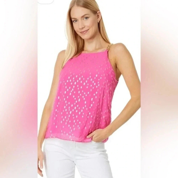NWT Lilly Pulitzer Joannah Top Pink with metallic dots and chain straps - Picture 1 of 8